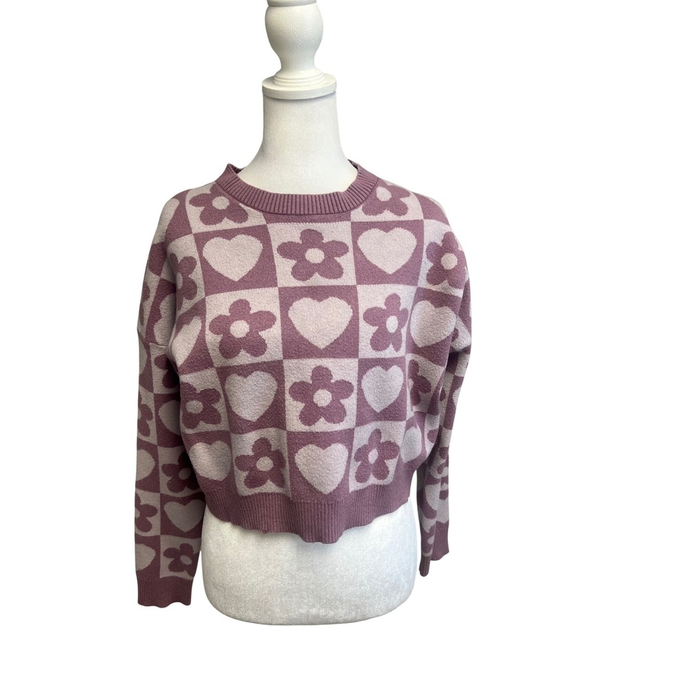 Retro Sweater Womens Sz XS Purple Checkered Heart Flower Knit Cropped Pullover